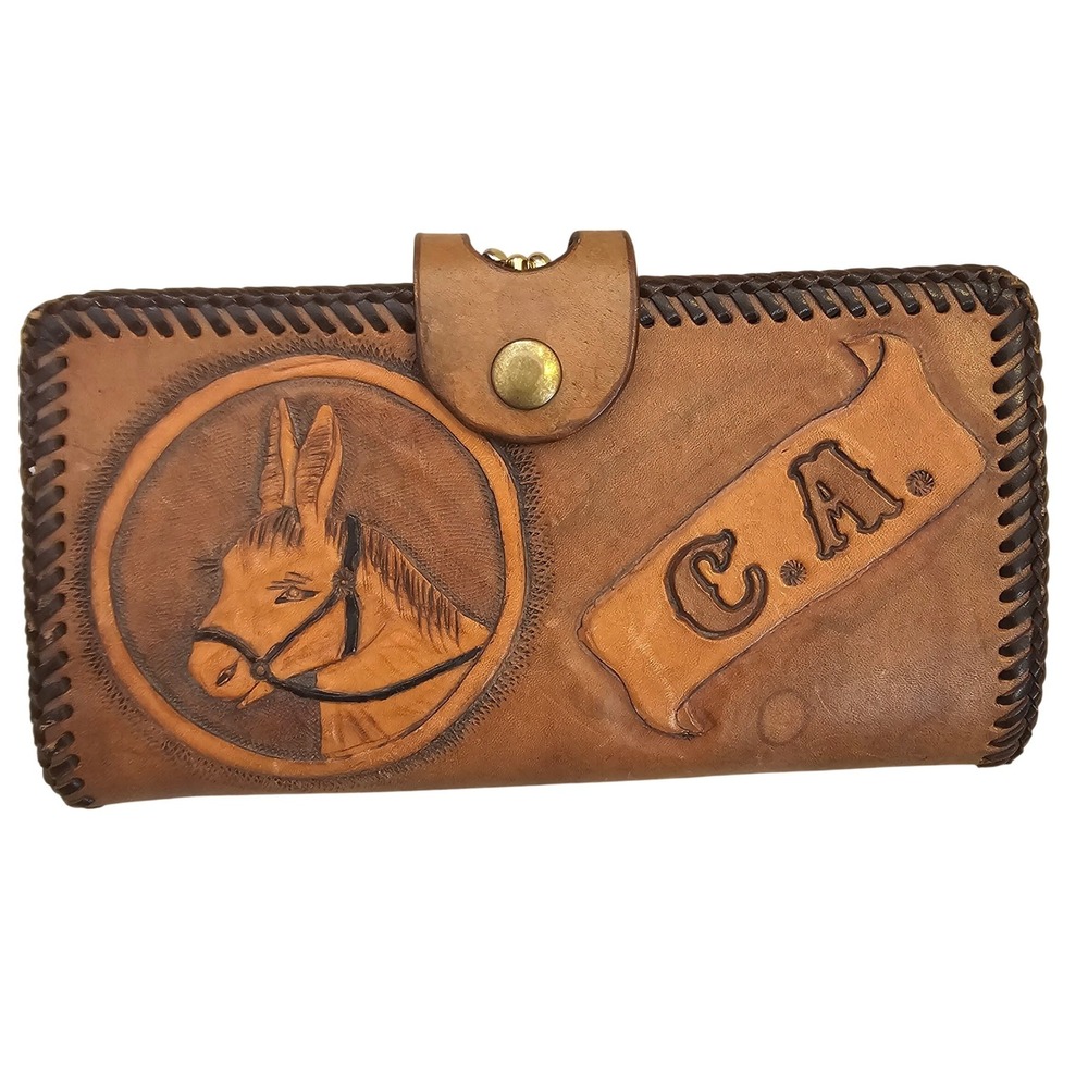 Vintage Hand Tooled Leather Donkey Wallet Tan Whipstitch Kiss Lock C.A. Scroll